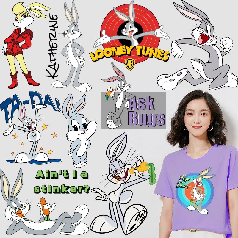 Bugs Bunny สติกเกอร์ปั๊มร้อนแสดงออกน่ารัก DIY การถ่ายโอนความร้อนสติกเกอร์ล้างทําความสะอาดได้สติกเกอร์ตกแต่งผ้า