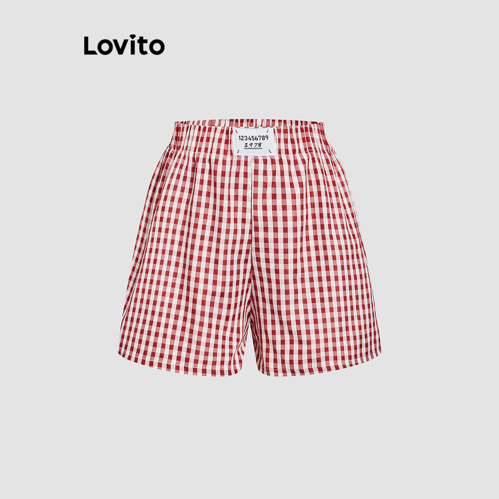 Lovito กางเกงขาสั้นลายกิงแฮมสีบล็อกสุดสปอร์ตสำหรับผู้หญิง L114AD242