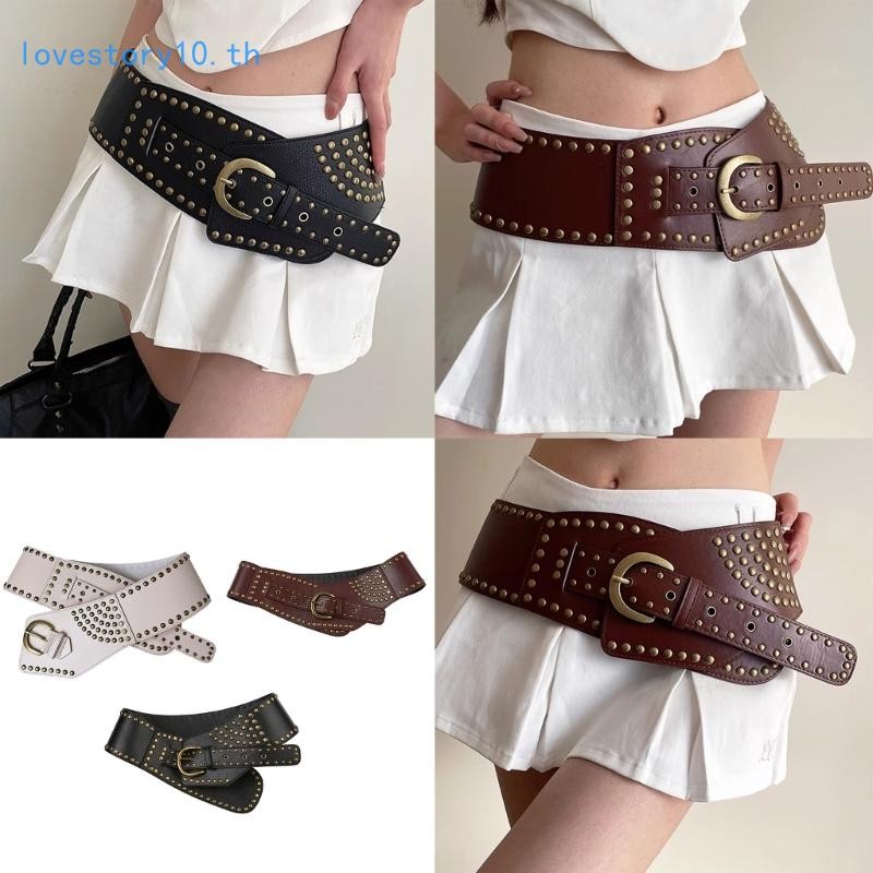 Love2 2000s Punk Waistbelt เข็มขัดตกแต่งสําหรับกางเกงแฟชั่น Rivet Studded เข็มขัดยอดนิยม Wasitband หนัง PU เอวกว้าง