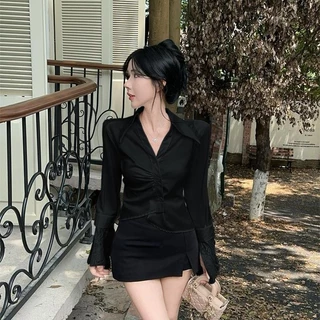 KOKO#คอวีสไตล์ฝรั่งเศสเสื้อแฟชั่นผู้หญิง กระชับเอว แขนแตรลูกไม้ เสื้อเชิ้ตลูกไม้สั้นผู้หญิง#w551