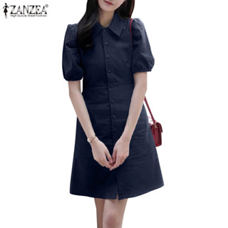 ZANZEA ซานเซีย ชุดเดรสเสื้อเชิ้ตกระดุมแถวเดียวแขนสั้นฟองแฟชั…