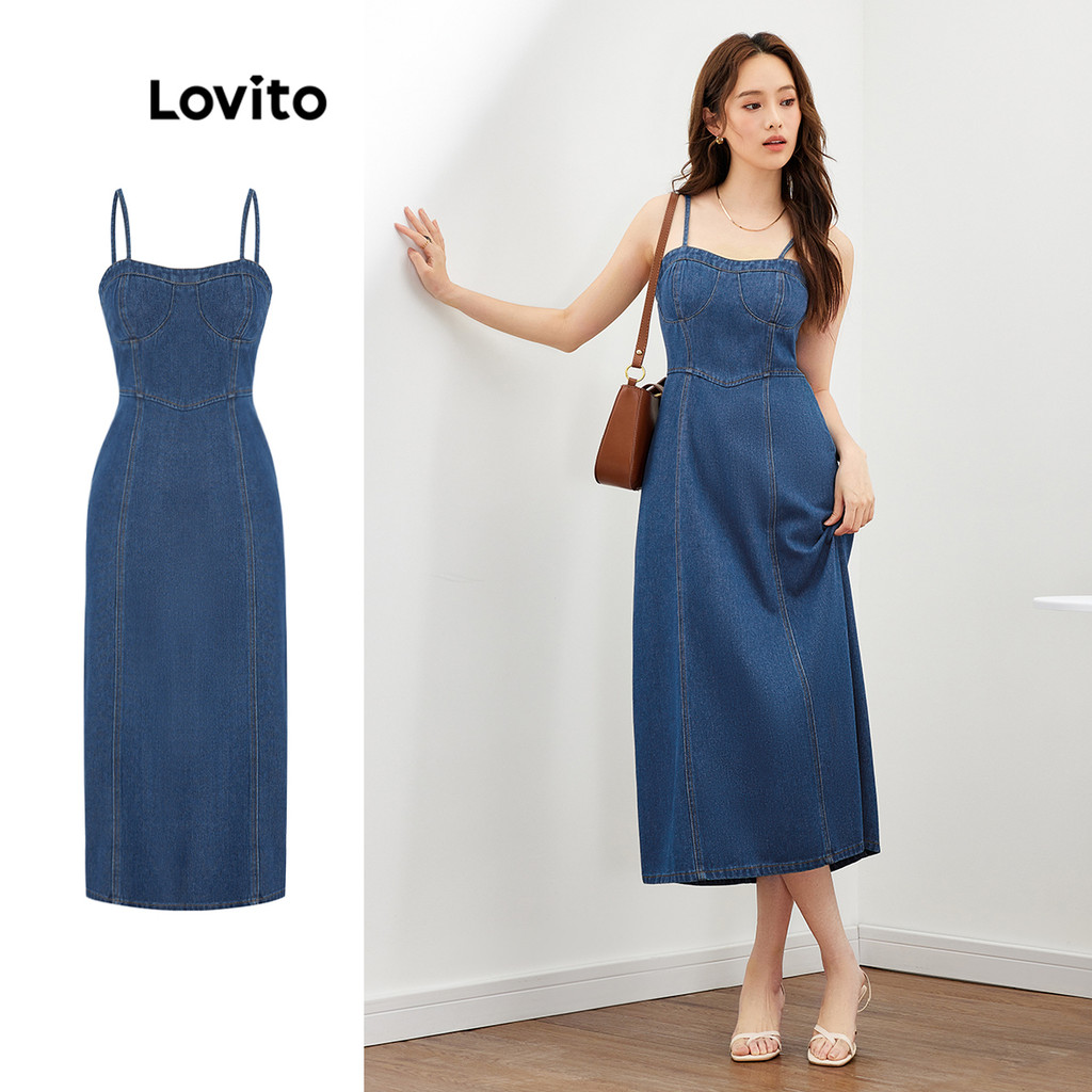 Lovito ชุดเดรสยีน ทรงเอ ลําลอง สายสปาเก็ตตี้ เรียบง่าย สําหรับผู้หญิง L47ED150 (สีฟ้า)