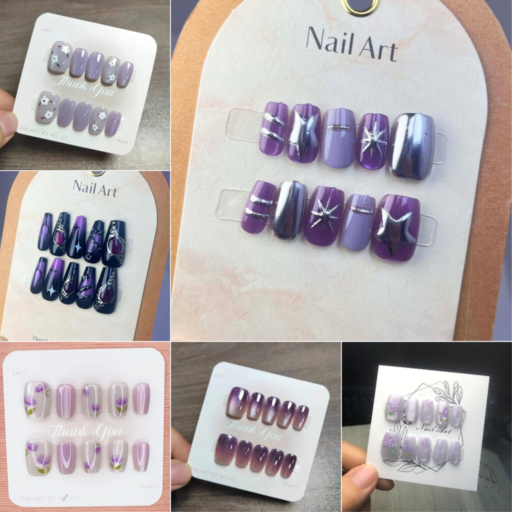 10PCS เล็บปลอมสีม่วงรูปอัลมอนด์เล็บปลอมชุดต่อเล็บกดบนเล็บ Cat Eye
