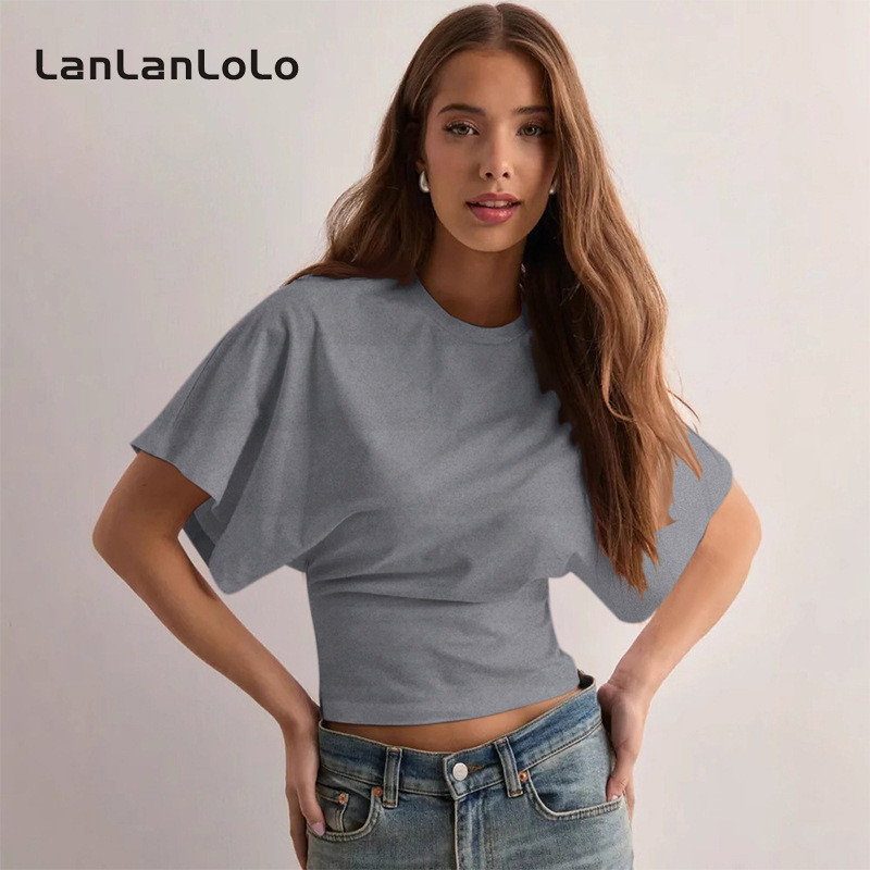 LanLanLoLo เสื้อยืดคอกลมแขนสั้นสำหรับผู้หญิง สไตล์แฟชั่น ใส่ได้ทุกวัน