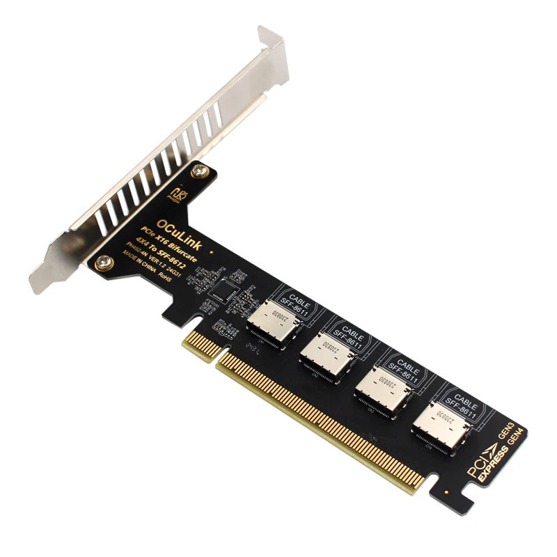 PCIE 4.0 X16 ถึง 4 พอร์ต Oculink SFF-8612 แยก Bifurcation การ์ด PCI Express GEN4 64Gb ภายใน 4x Oculi