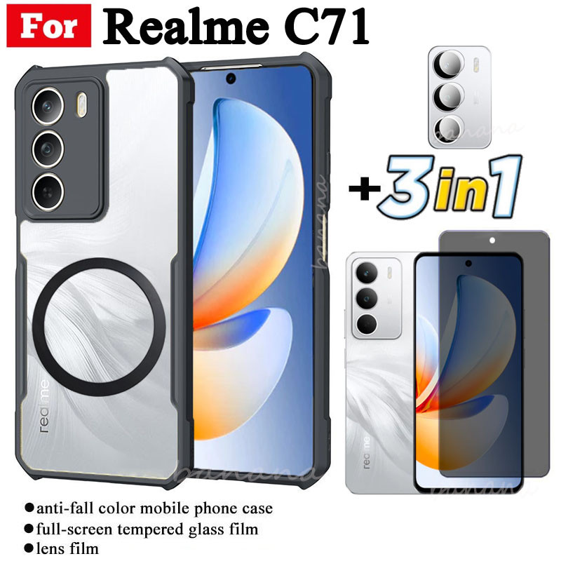 4 in 1 Realme C71 เคสโทรศัพท์กันกระแทกพร้อมสติกเกอร์ชาร์จไร้สายแม่เหล็กสําหรับRealme C73 C75 C75X Anti Spyความเป็นส่วนตัวเต็มรูปแบบกระจกนิรภัยป้องกันหน้าจอและฟิล์มเลนส์