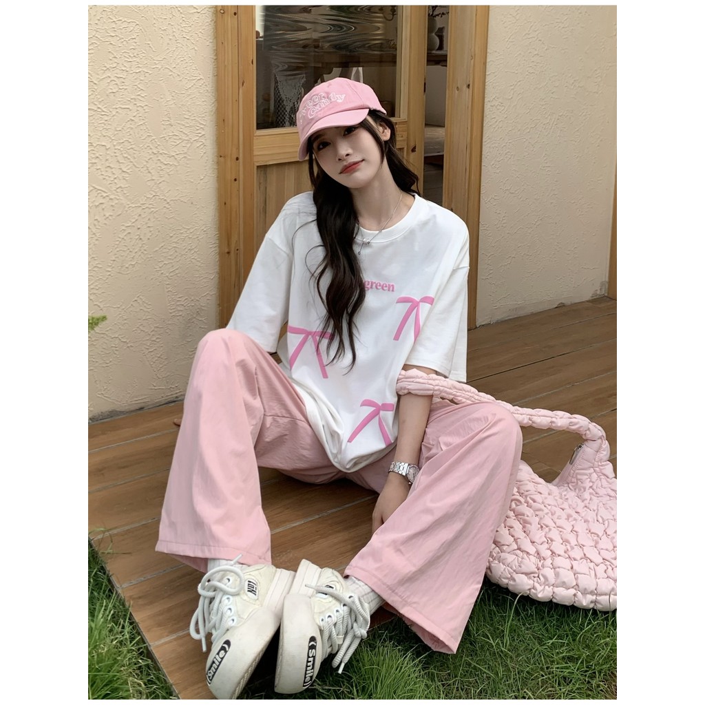 เสื้อยืดโอเวอร์ไซส์แขนสั้นสีขาว S-3XL เสื้อยืดสำหรับผู้หญิงพิมพ์ลายโบว์แฟชั่นลำลองและหลวม สไตล์เกาหลีอเนกประสงค์ - รูปที่ 3