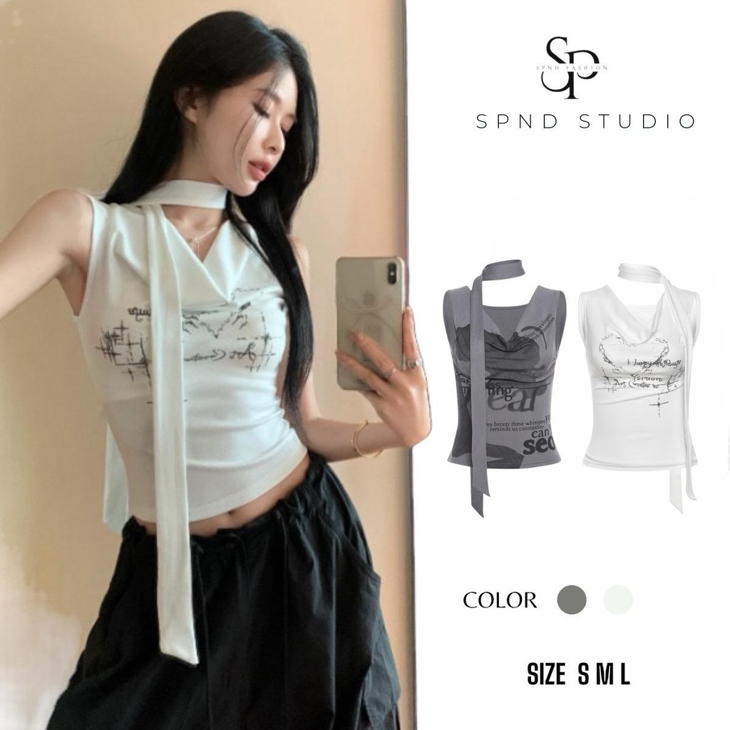 SPND【พร้อมส่ง】เสื้อพิมพ์ลายคอถ่วง พร้อมสายคล้องคอเก๋ๆ มีสองสี แฟชั่น2025 (3022)