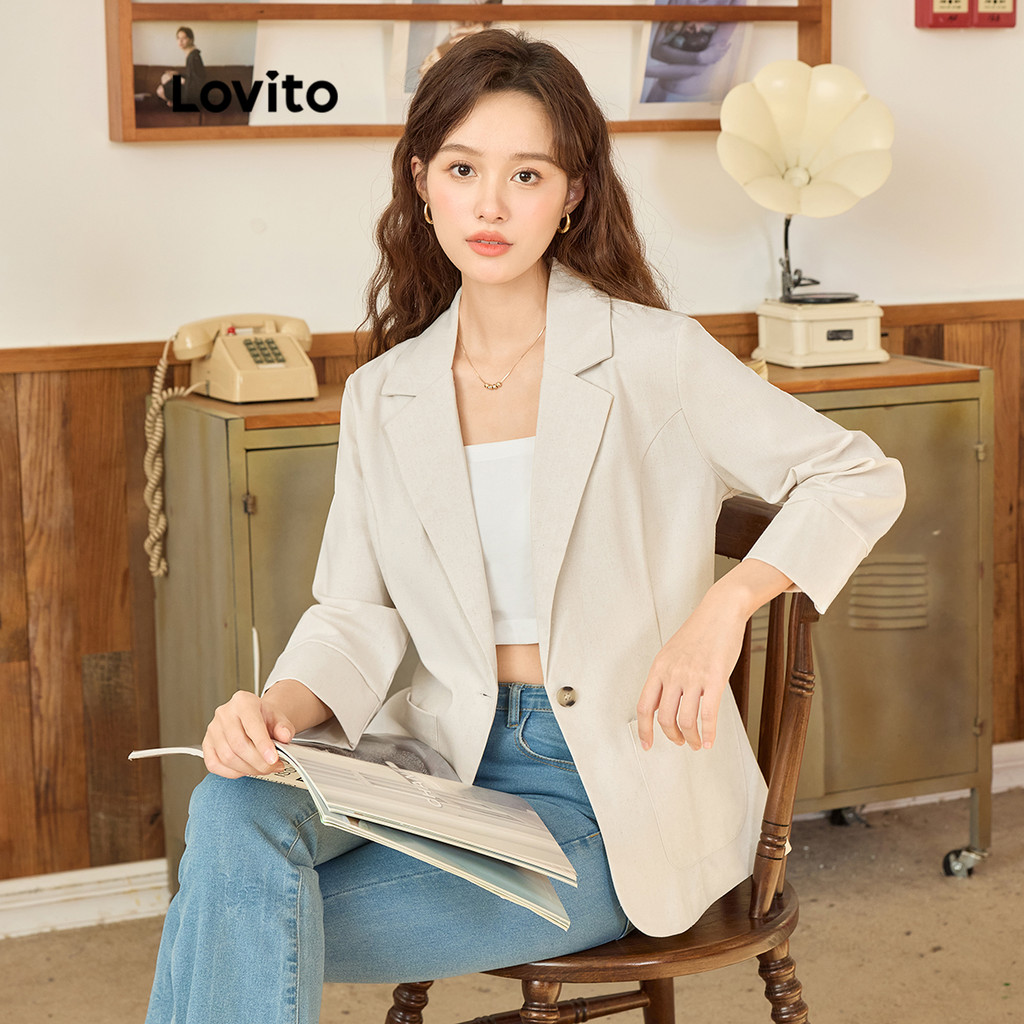 Lovito เสื้อเบลเซอร์ทรงเรียบเรียบหรูหราสำหรับผู้หญิง L108ED991