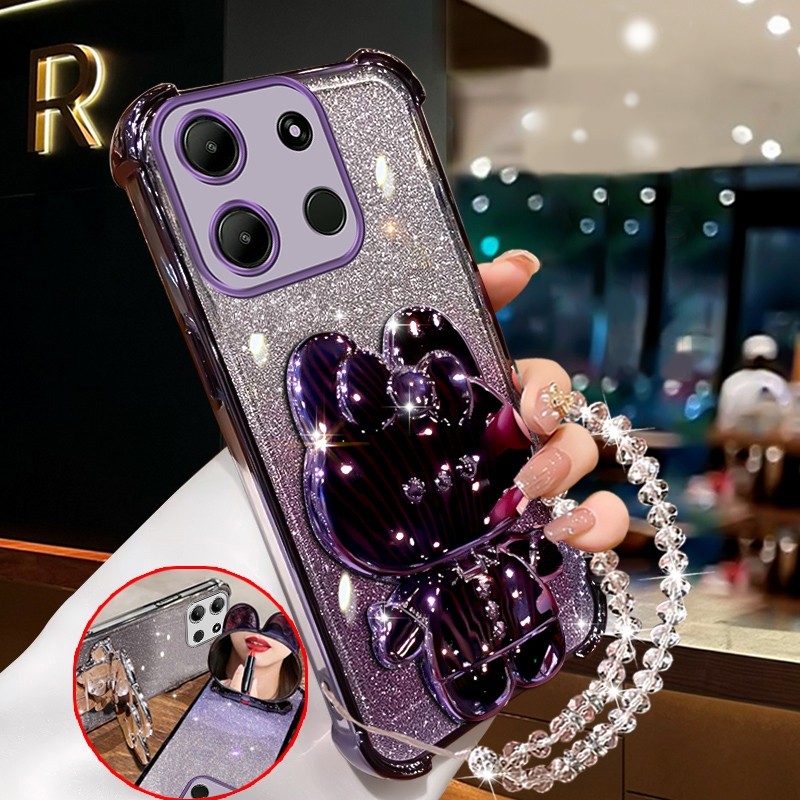 เคสสําหรับ infinix smart 7 TECNO SPARK GO 2023 5G infinix smart 5 Sparkling สีชมพูเคสโทรศัพท์กันกระแทกกระต่ายกระจกแต่งหน้าพร้อมที่วางซิลิโคน TPU Soft case XXXDA