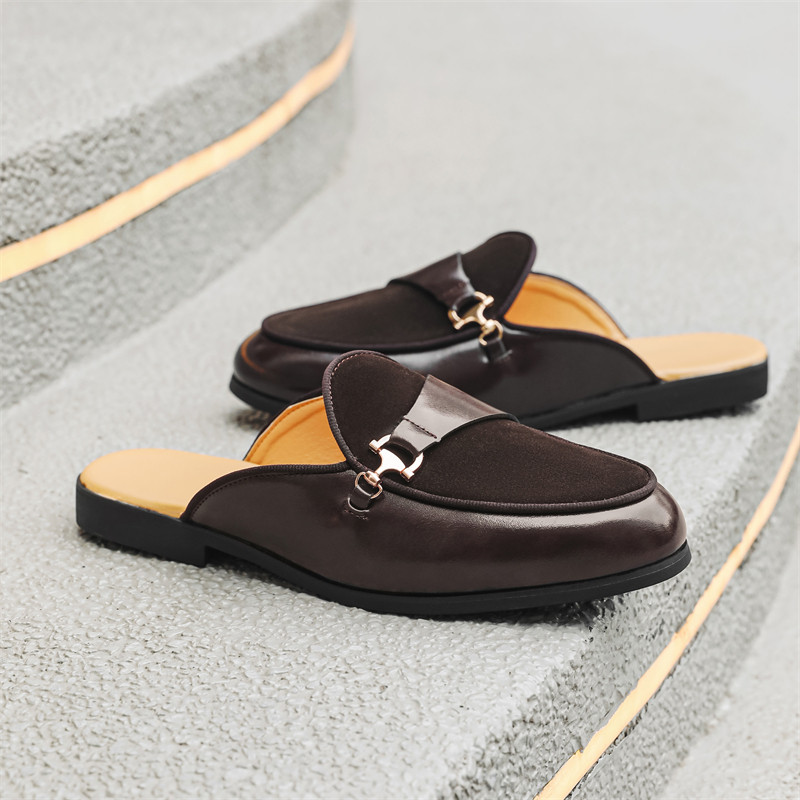 Retro Men Slip On Shoes Backless Loafers Business Work Casual Soft น้ําหนักเบาสบายหล่อ
