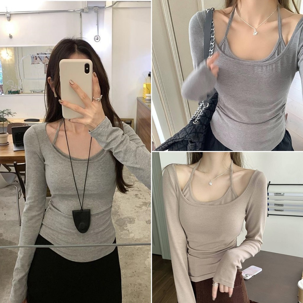 cherryshop พร้อมส่ง เสื้อแขนยาวผู้หญิงสไตล์เกาหลีแบบสองชิ้นเทียม สไตล์สลิมฟิต ดีไซน์คอฮอลเตอร์ หวานและเซ็กซี่