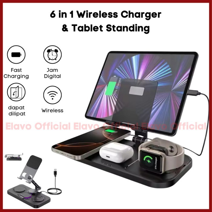 Elavo 6 in 1 มัลติฟังก์ชั่ Wireless Charger แท็บเล็ต Ipad ยืน docking Fast Charging สําหรับ Apple Wa