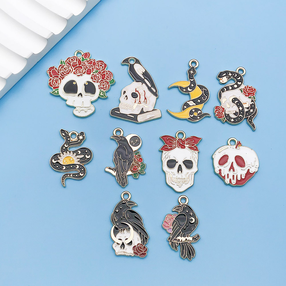 จี้ดอกไม้รูปการ์ตูนฮาโลวีน นกกาเหว่า งู ปีนดวงจันทร์ กะโหลก ดอกไม้ DIY เครื่องประดับ สร้อยข้อมือ สร้อยคอ ของตกแต่งแขวน