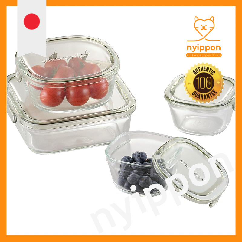 Iwaki Heat-Resistant Glass Storage Container Olive Green Square Shape 4-Piece Set Pack & Range PC-PR