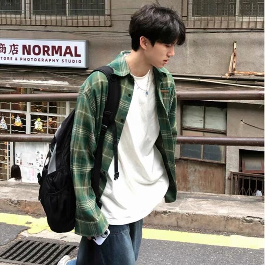 ฤดูใบไม้ผลิฤดูใบไม้ร่วงอินเทรนด์ความรู้สึกวัยรุ่นลายสก๊อตคู่ญี่ปุ่นย้อนยุคเสื้อแขนยาว