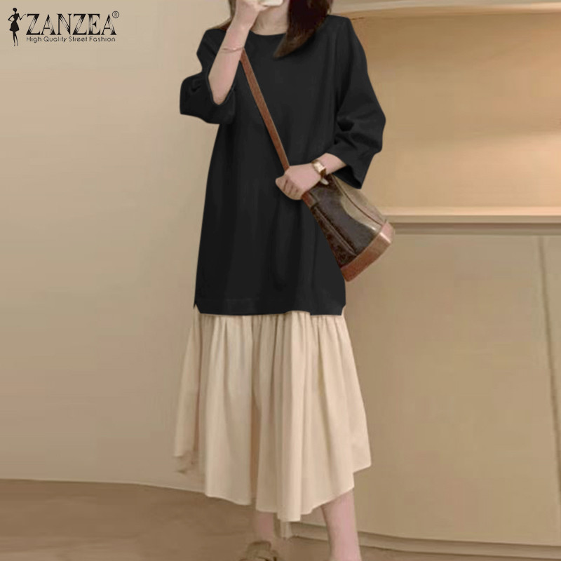 Zanzea ชุดเดรสสเวตเตอร์คอกลมแขนยาวลําลองเกาหลีสําหรับผู้หญิง