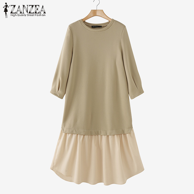 Zanzea ชุดเดรสสเวตเตอร์คอกลมแขนยาวลําลองเกาหลีสําหรับผู้หญิง