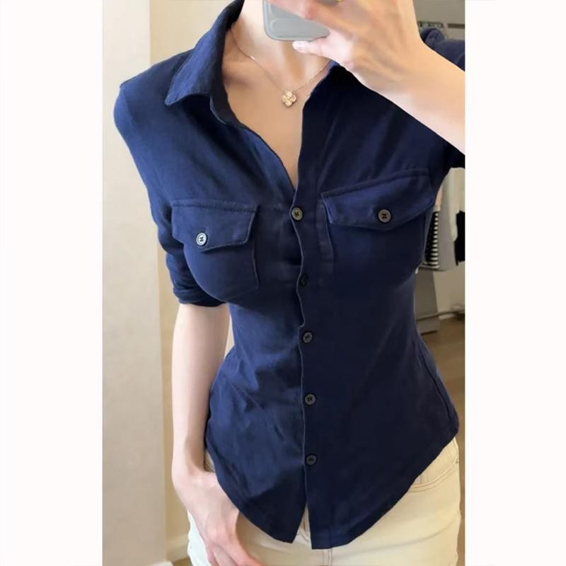 Moses Queen/Queen of Mercy Plus Size Women's Chubby Beauty French Retro Polo Collar สีทึบแขนสั้นฤดูร้อนSlim Fit และSuper Good-lookingเสื้อ #32118