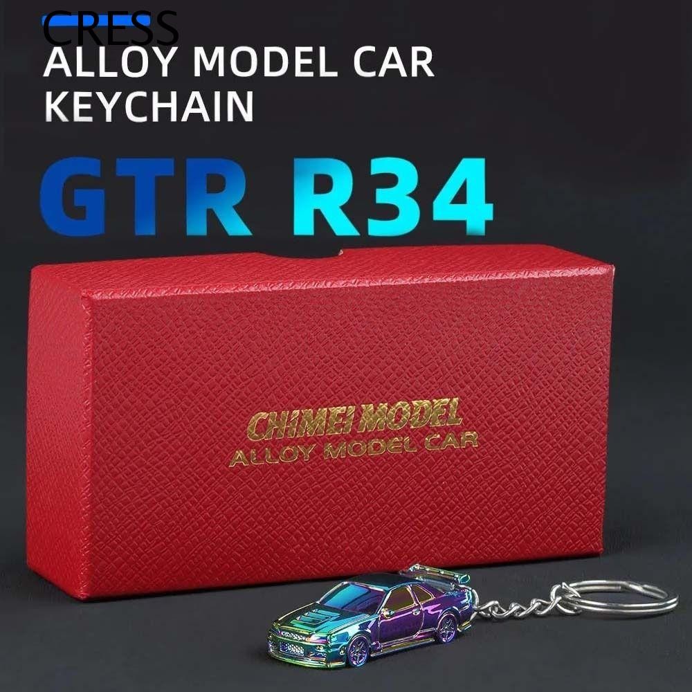 CRESS RS7 พวงกุญแจรถ, 1:64 Scale Electroplated GTR-R34 พวงกุญแจ,แฟชั่นจําลองเครื่องประดับโลหะผสมวัสด