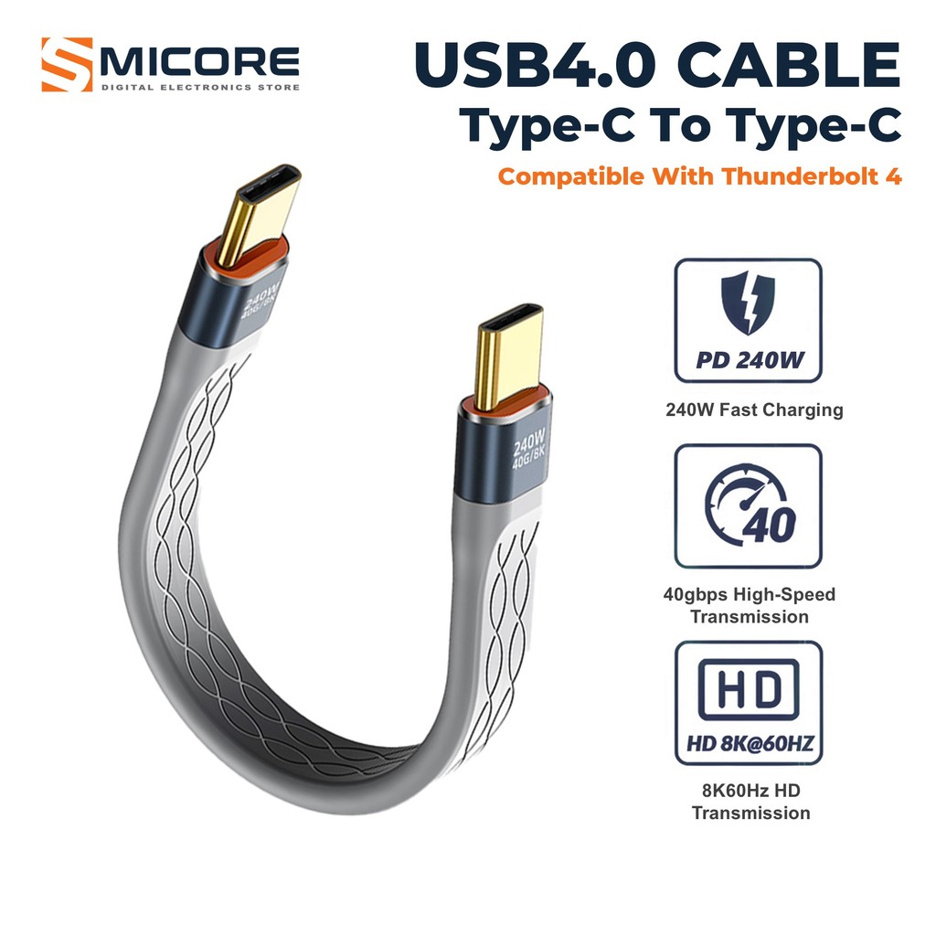 สาย USB4 Type-C รองรับ Thunderbolt 4/3 รองรับ 240W 40Gbps ภาพ 8K ขนาดสั้น พกพาง่าย