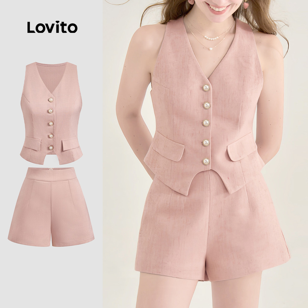 Lovito เสื้อหรือเสื้อท่อนล่างด้านหน้าแบบแยกชิ้นธรรมดาหรูหราสําหรับผู้หญิง L132ED657