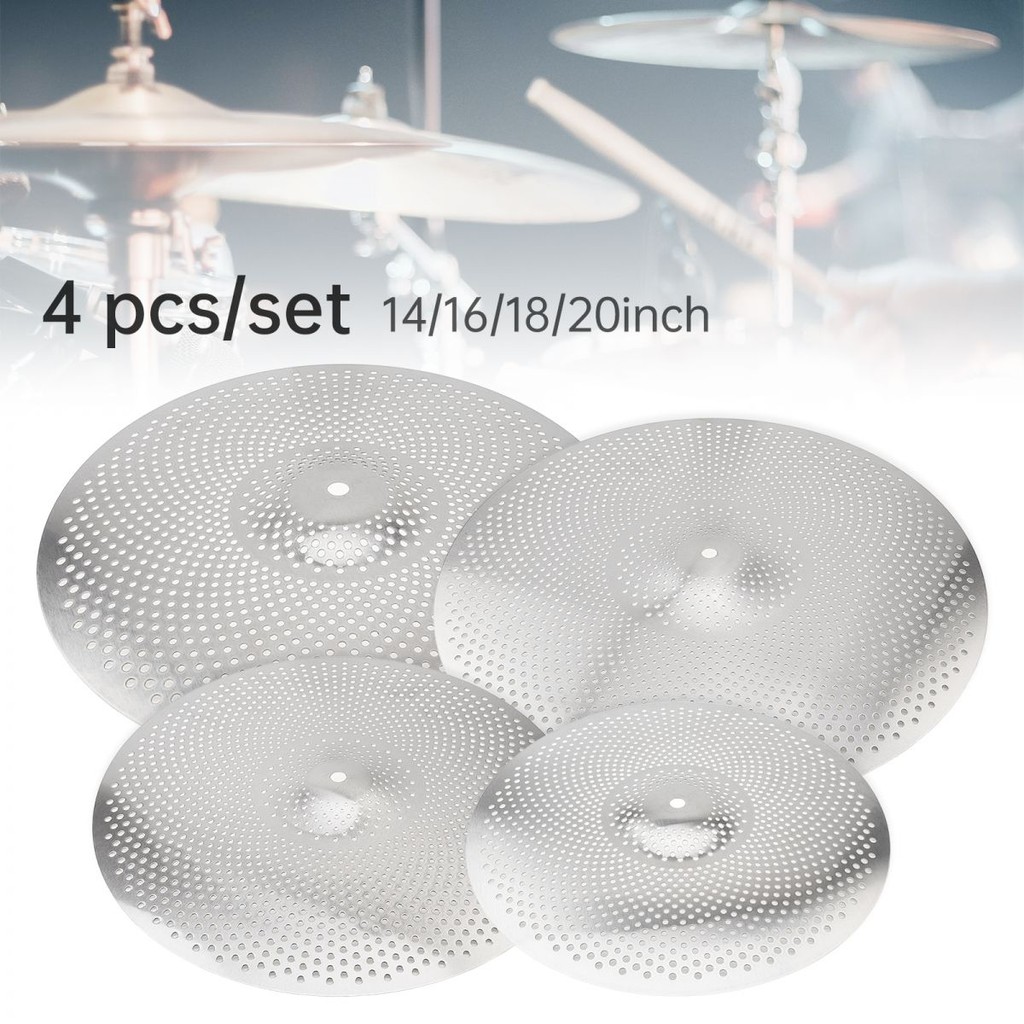 4 ชิ้น/เซ็ตปริมาณต่ํา Hihat Crash Ride Mute Cymbal สําหรับชุดกลอง, 14 / 16 / 18 / 20 นิ้ว Silver Dru