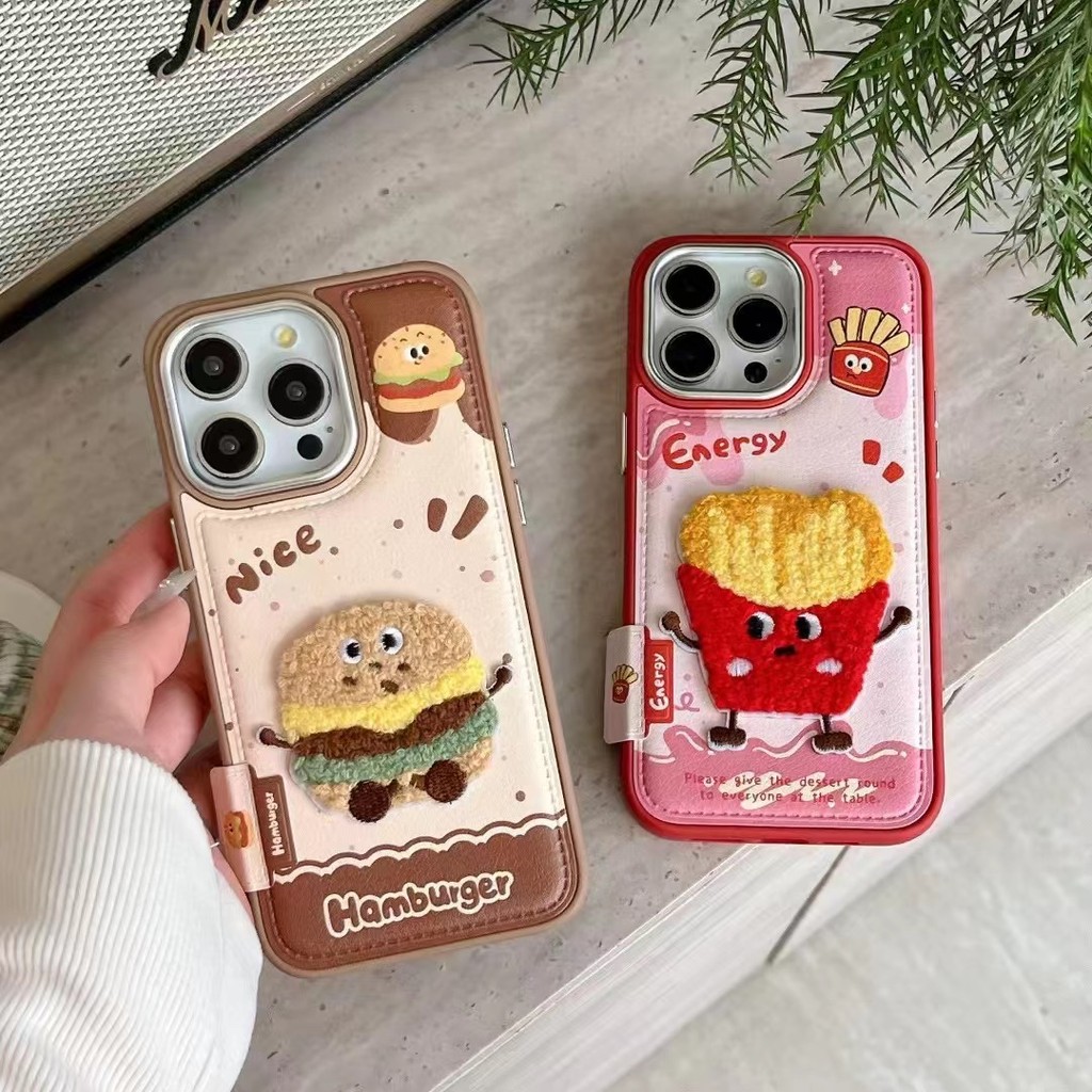 เย็บปักถักร้อย fries & burger iPhone สําหรับ iPhone13 13pro 13promax 14 14pro 14promax 15 15pro 15promax 16 16pro 16promax น่ารักกรณี