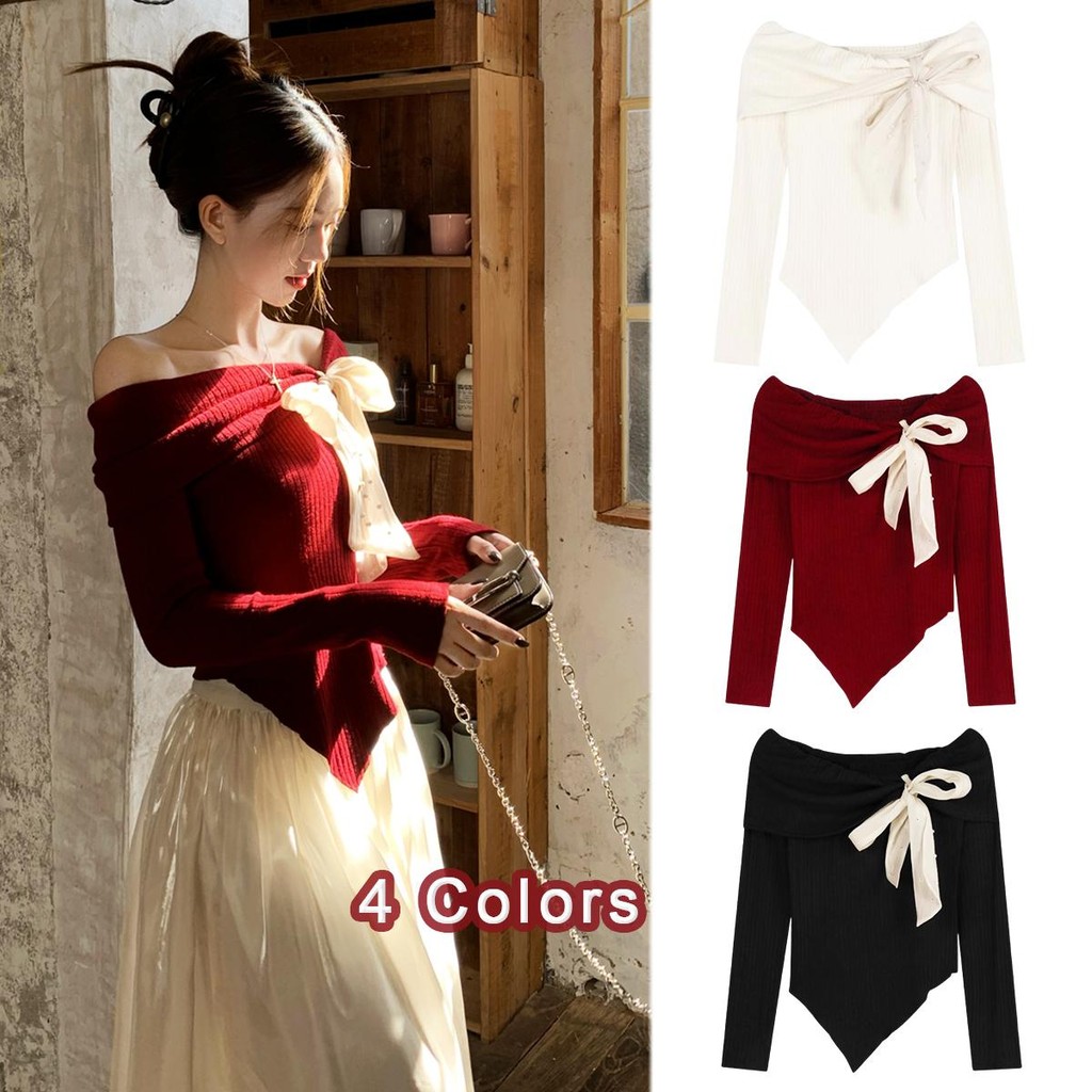 KOKO#เสื้อแขนยาวไหมพรมผู้หญิงมีโบว์ ปิดไหล่ เสื้อยืดแขนยาวสีแดง พร้อมฐานกุทัณฑ์ ทรงเข้ารูป#H033
