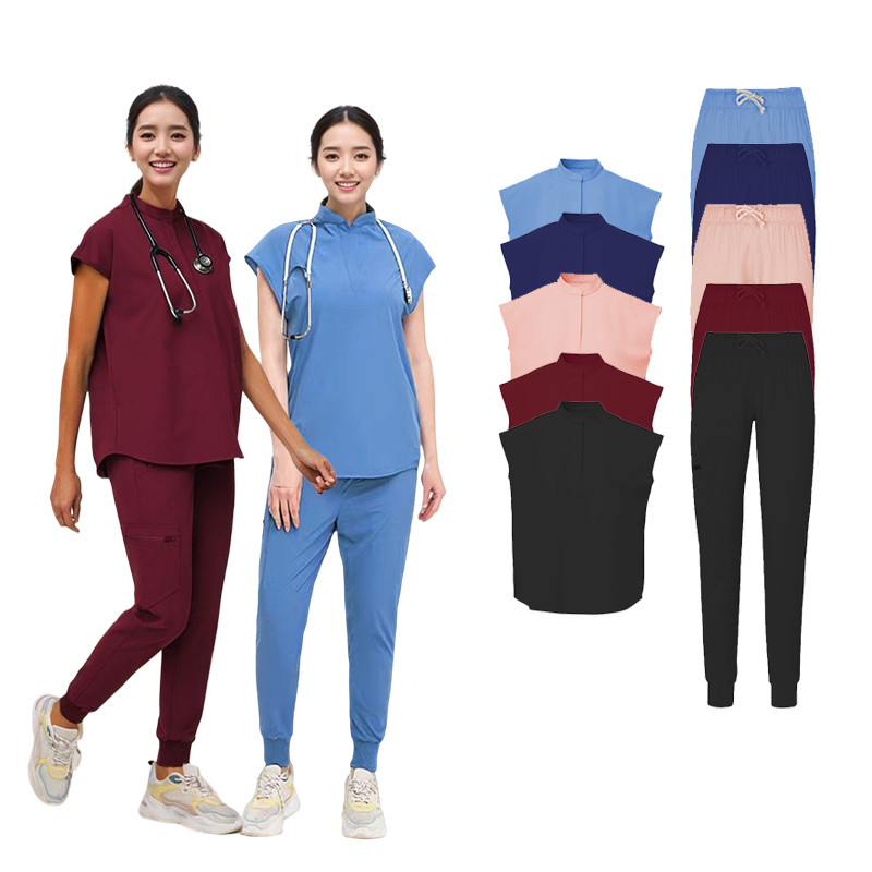 Niaahinn เสื้อ + กางเกงScrub ชุดสําหรับผู้หญิงผ้ายืดหยุ่นยืนปกร้านเสริมสวยพยาบาล Slim Fitting Doctor Caregiver Uniform