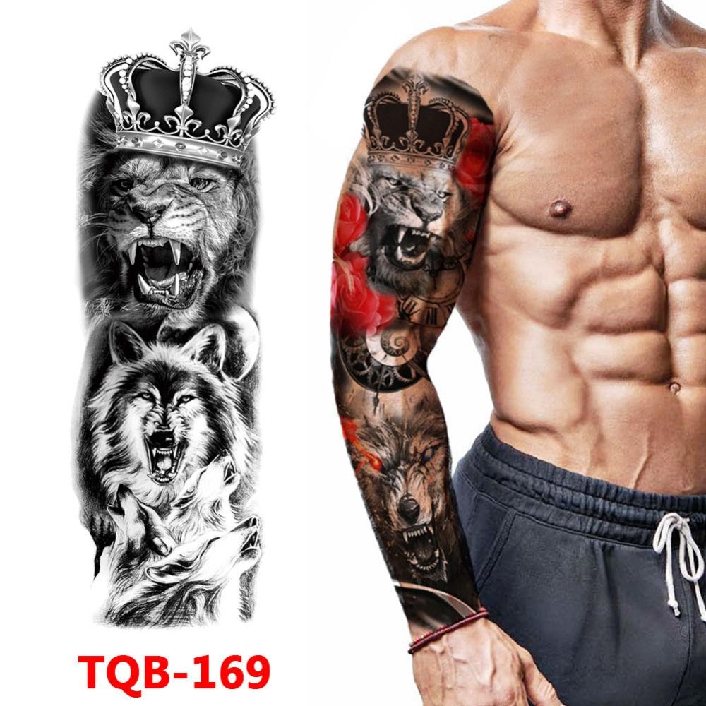 HTW 1 แผ่นแขนขนาดใหญ่ Tattoo Lion Crown King Rose กันน้ําชั่วคราว Tattoo สติกเกอร์ Wild Wolf Tiger TQB161-200 - รูปที่ 3