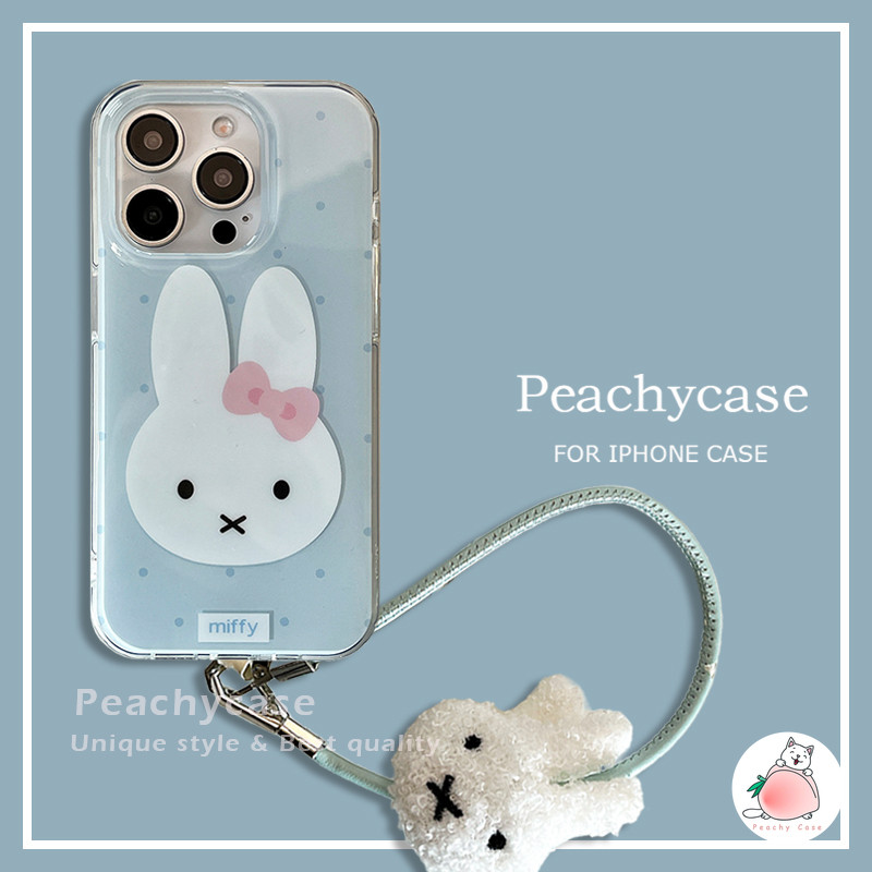 น่ารัก Bowknot Miffy กระต่าย Blue Wave Point เคสโทรศัพท์สําหรับ iPhone 16 15 14 13 Pro Max 16pro พร้อมกระต่ายสายรัดข้อมือกันกระแทก IMD ปลอกปกหลัง