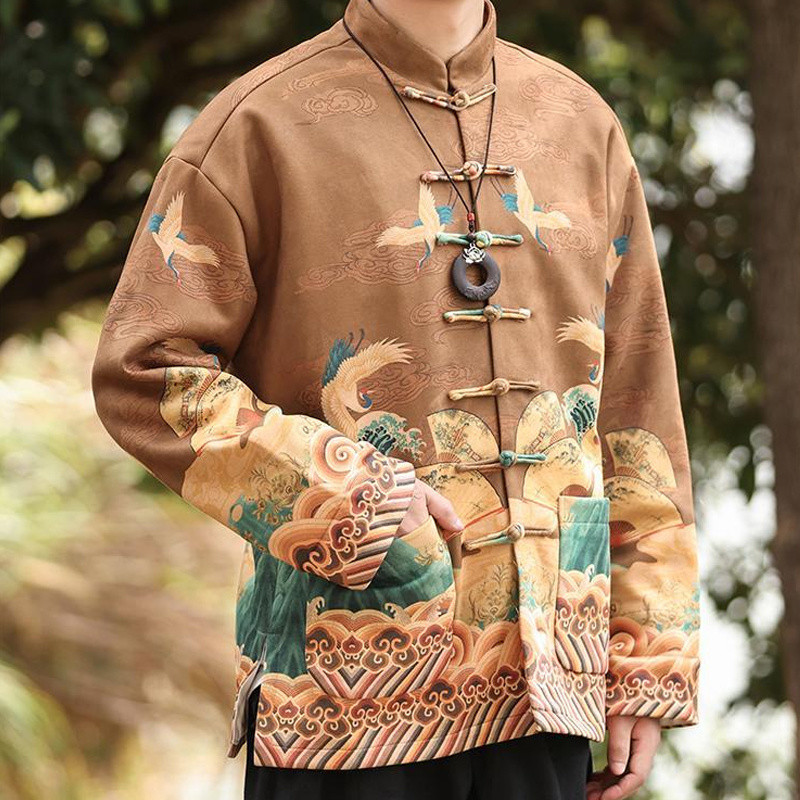 เสื้อผ้าปีใหม่จีนสําหรับผู้ชาย Cheongsam Hanfu 中 Fuur Fuur 中国风上衣 ชายเครนพิมพ์ Tang ชุดผู้ชายแขนยาว