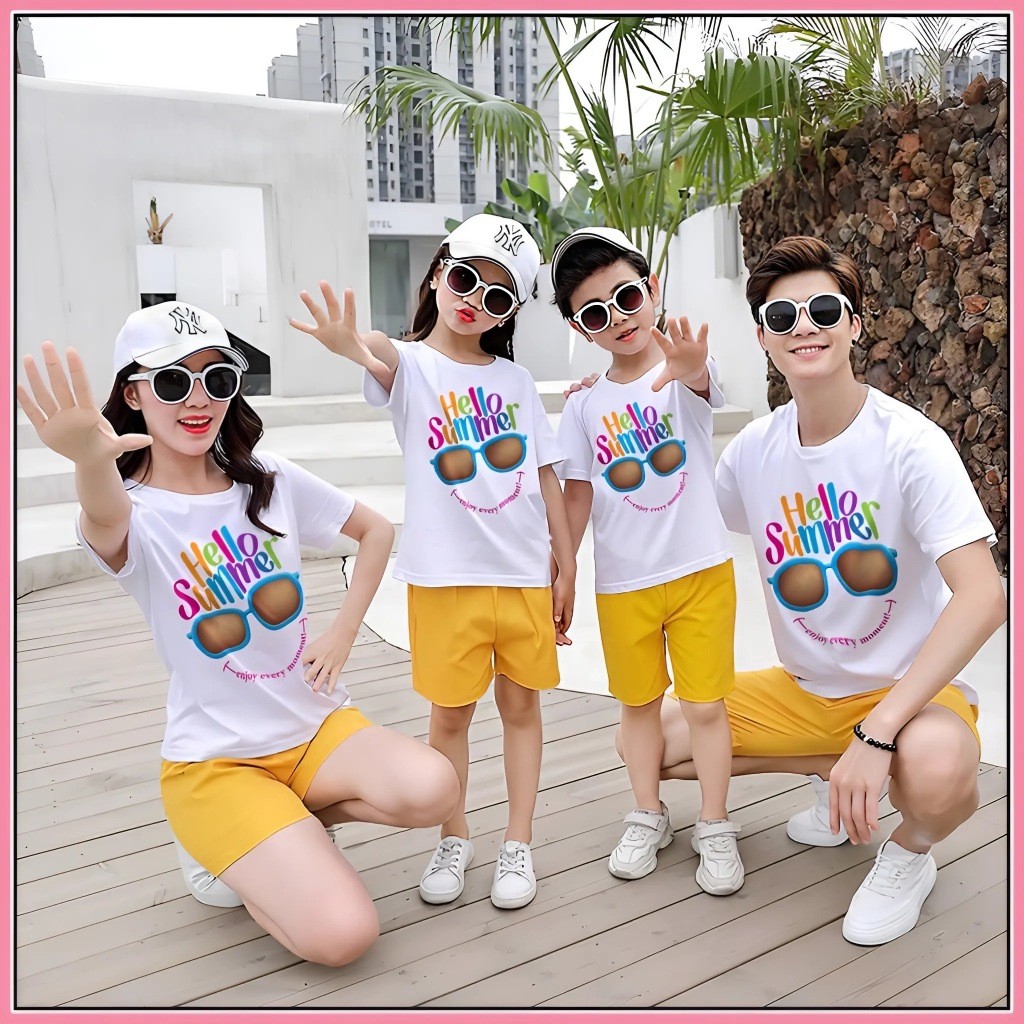 🔥พร้อมส่ง&COD🔥RINA STUDIO ชุดครอบครัวชายหาดที่มีคุณภาพสูง Hello Summer ผ้าฝ้ายผ้าฝ้ายสำหรับคู่แม่และเด็กชายหญิงทุกไซส์