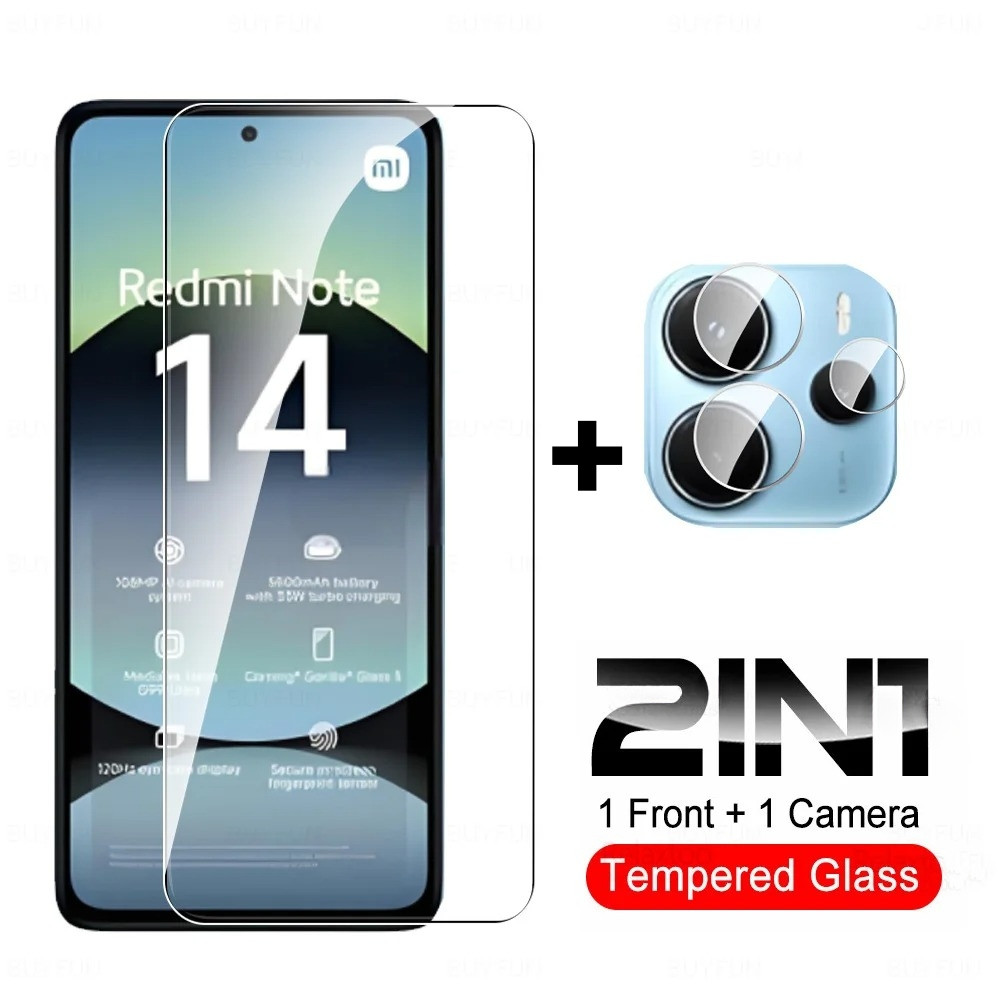 2in1 แก้วป้องกันฟิล์มสําหรับ Xiaomi Redmi หมายเหตุ 14 Pro + 14ProPlus Note14Pro 4G 5G 2025 9H HD โทรศัพท์ด้านหน้ากระจกนิรภัยฟิล์มกล้องป้องกันหน้าจอกลับเลนส์