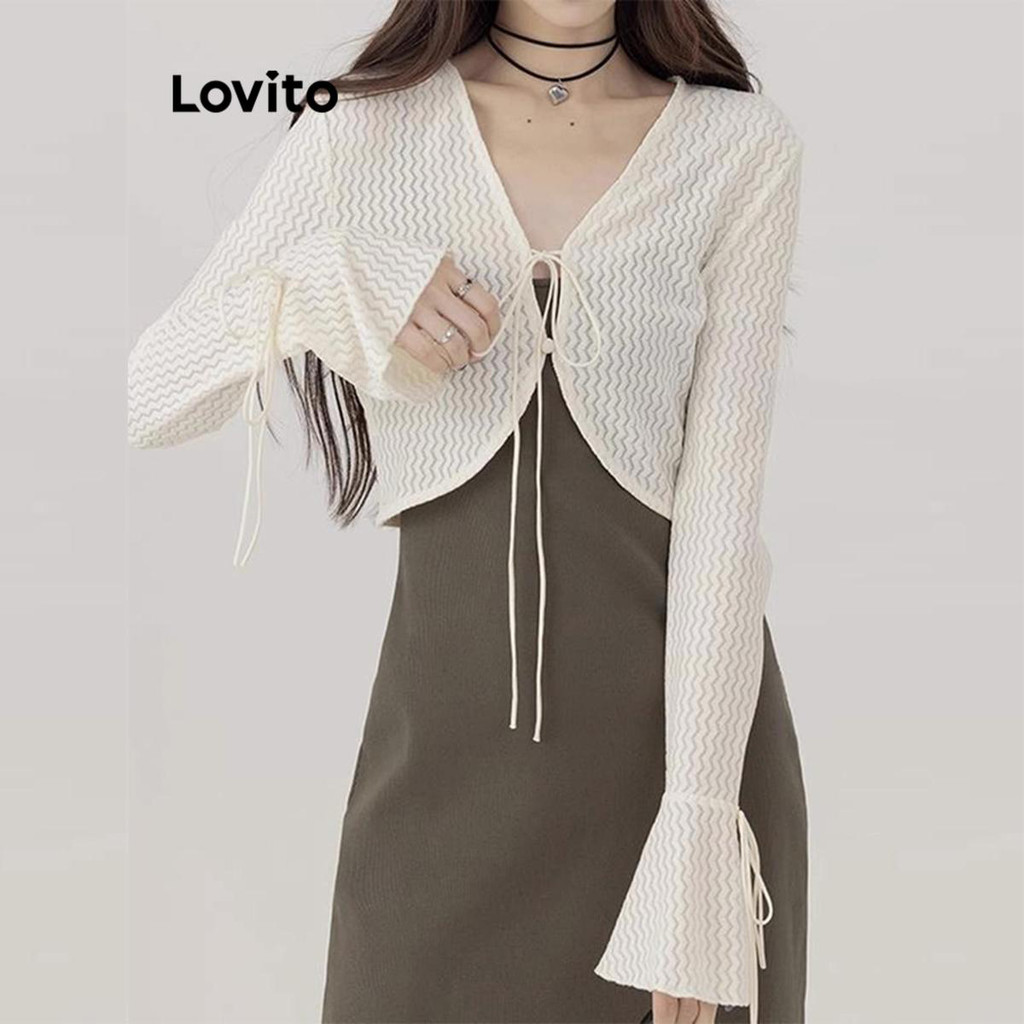 Lovito เสื้อคาร์ดิแกนผู้หญิง แบบผูกเชือก สีพื้น สไตล์ลำลอง LNE61388