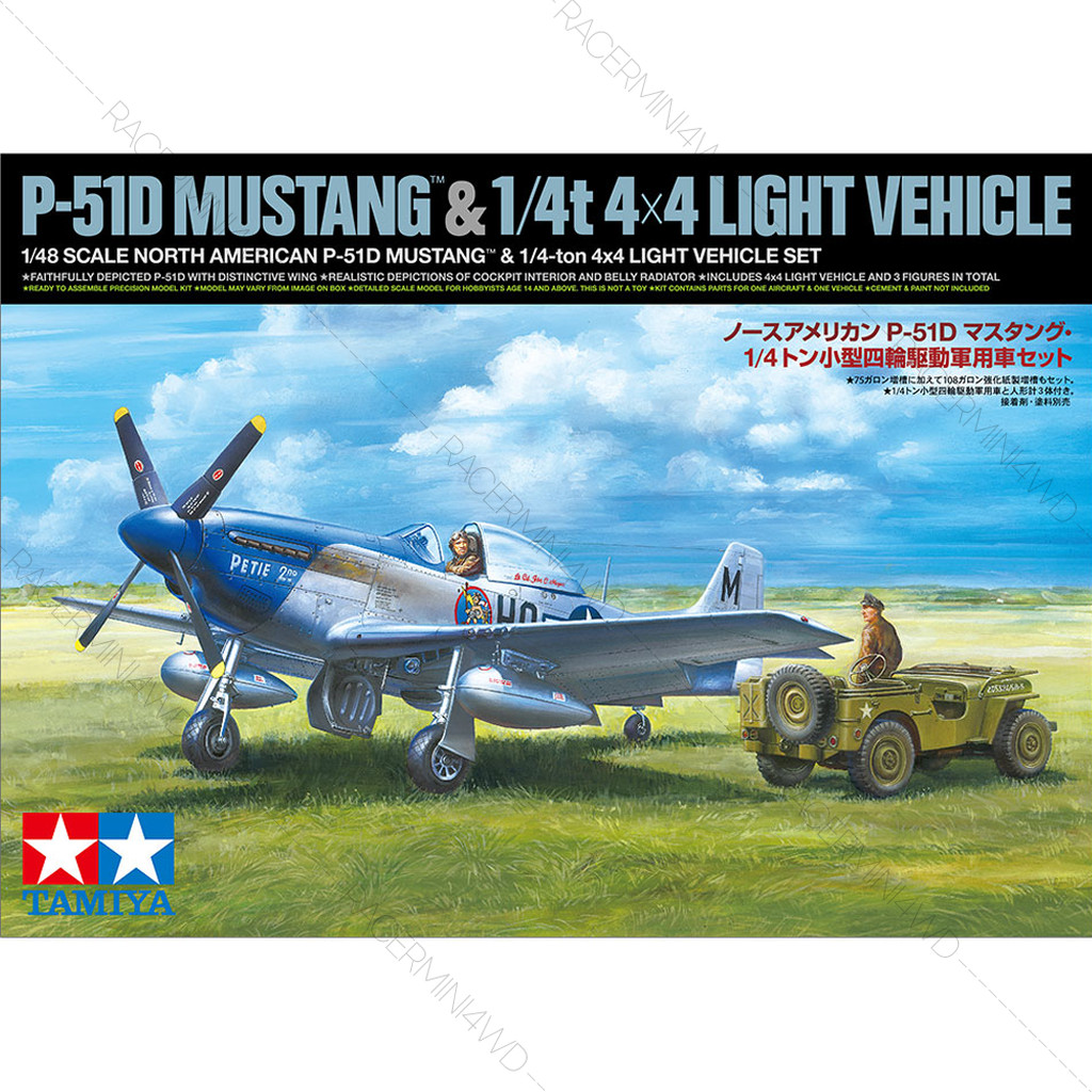 TAMIYA 25205 1/48 Model Kit North American P-51D Mustang & 1/4-Ton 4X4 Light Vehicle Set