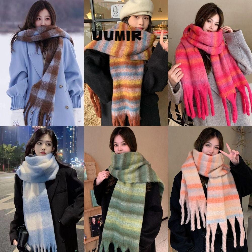 UUMIR ผ้าพันคอพู่ยาว ลายสก๊อตแคชเมียร์วินเทจ (Mohair) ผ้าหนา คลุมไหล่/ห่อกันหนาว ผู้หญิง