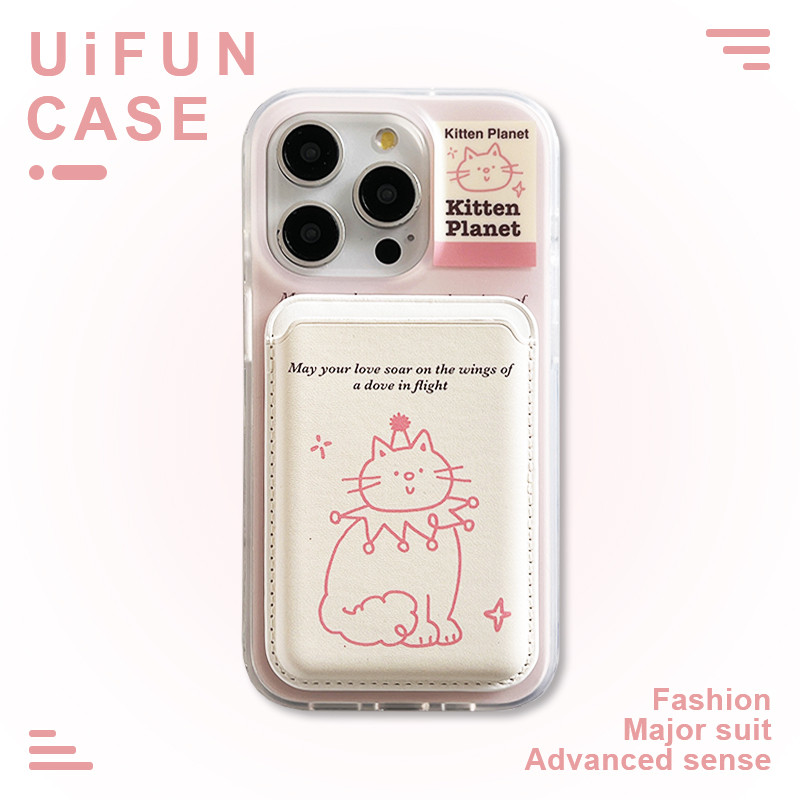 น่ารัก Pink Line Star Cat Card Holder ไร้สายชาร์จเคสโทรศัพท์สําหรับ iPhone 16 15 14 13 Pro Max 16Promax กันกระแทก IMD ฝาครอบปลอก