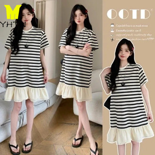 ชุดคลุมท้องเดรสแขนสั้นลายทางยาวปานกลางดูผอมเพรียวสำหรับสาวอว…