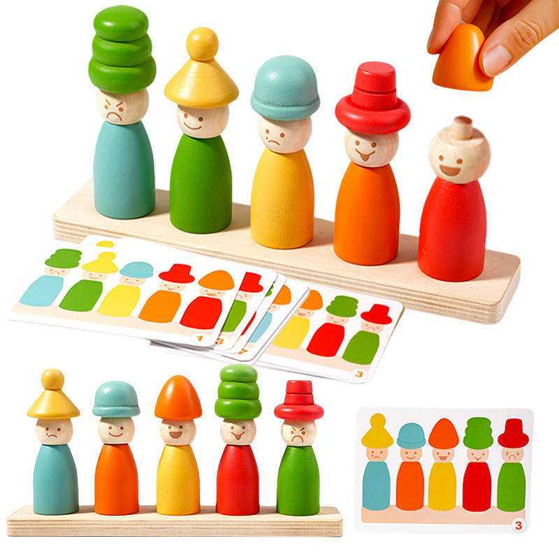 ของเล่นคัดแยกสี Montessori ไม้ของเล่นการเรียนรู้ในช่วงต้น Fine Motor Skills หมวกหุ่น Face Match Creative Stacking ของเล่นสําหรับเด็ก