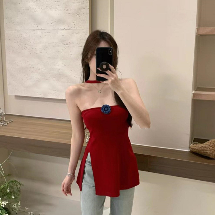 หลอด เสื้อผู้หญิง | TT20 Sweet Sweet Sweet Silk Silk Silk Knited Top Korean Ins ดอกไม้ถัก Tube Top H