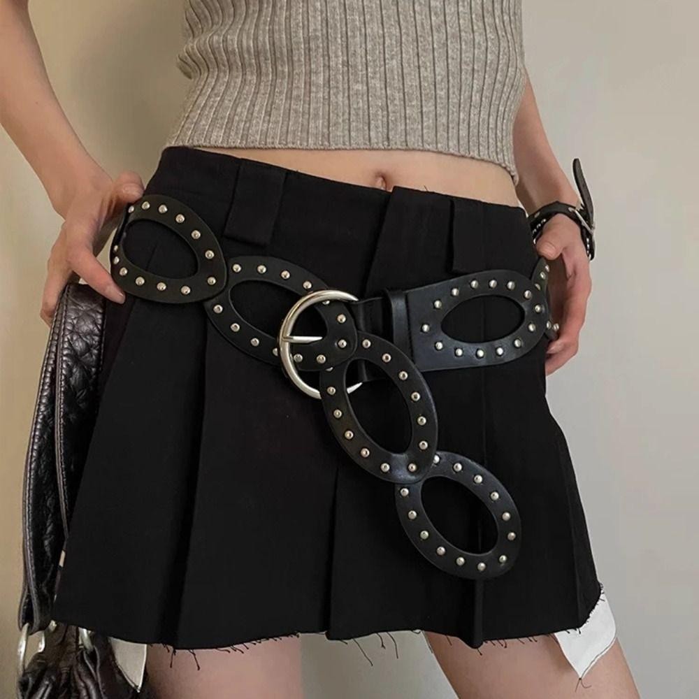ROSEGOOD สายรัดเอว Harajuku Heavy-Duty Hollowed Rivet เข็มขัดรูปไข่ สไตล์ Y2K Punk Vintage Pin Buckle สําหรับผู้หญิง