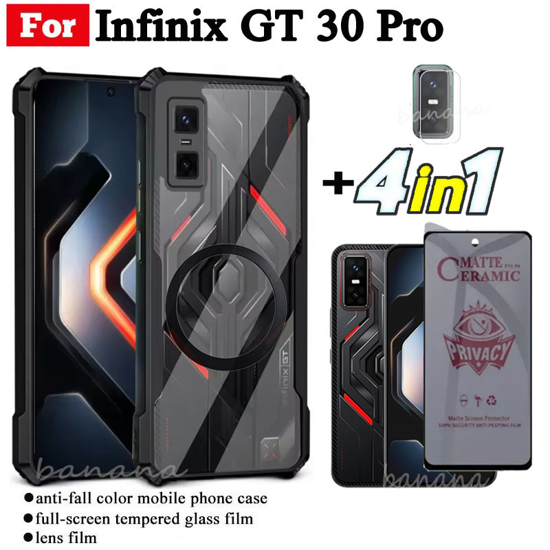 4 in 1 Infinix GT 30 Pro เคสโทรศัพท์กันกระแทกพร้อมสติกเกอร์ชาร์จไร้สายแม่เหล็กสําหรับ Infinix GT 20 Pro GT 10 Pro Anti Spy ความเป็นส่วนตัวกระจกนิรภัย + เลนส์ฟิล์ม