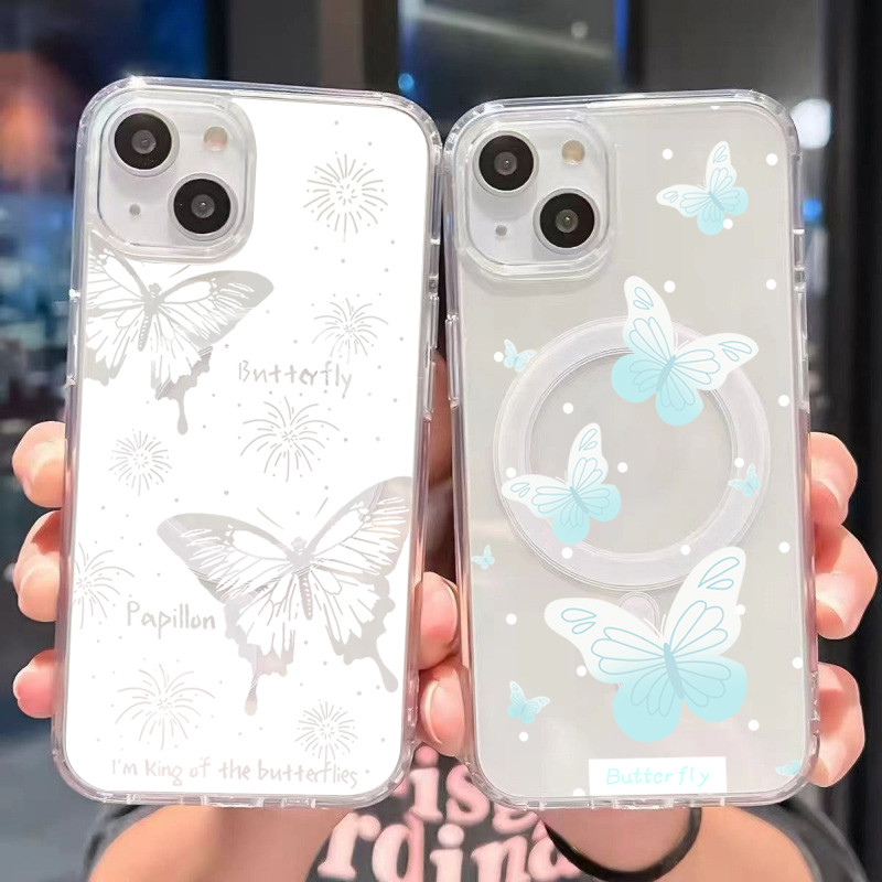 เคสโทรศัพท์หรูหราแบบไร้สายชาร์จได้สำหรับ IPhone13 15 7Plus 16 14 12 11 Pro MAX 8 6 7 6S Plus X XR XSการ์ตูนผีเสื้อกลวง