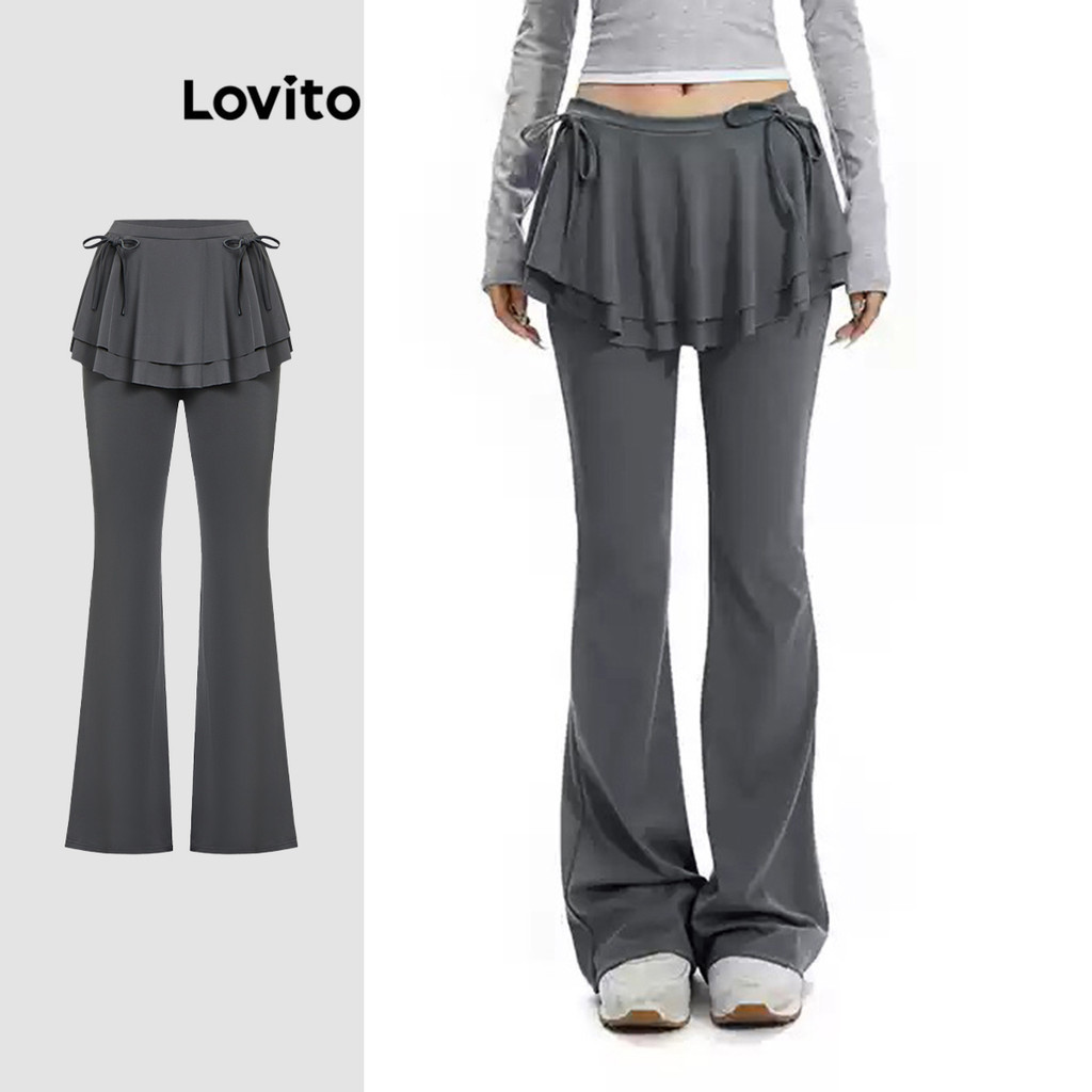 Lovito กางเกงทรงหลวมระบายผูกโบว์สำหรับผู้หญิง L114AD563