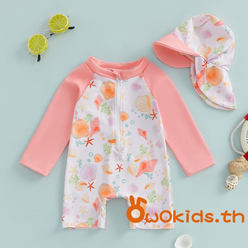 toddler Girls Rash Guard ชุดว่ายน้ําหมวก 2 ชิ้นชุดรูปแบบ Zip Up แขนยาวลูกเรือคอเด็กทารกชุดว่ายน้ํา