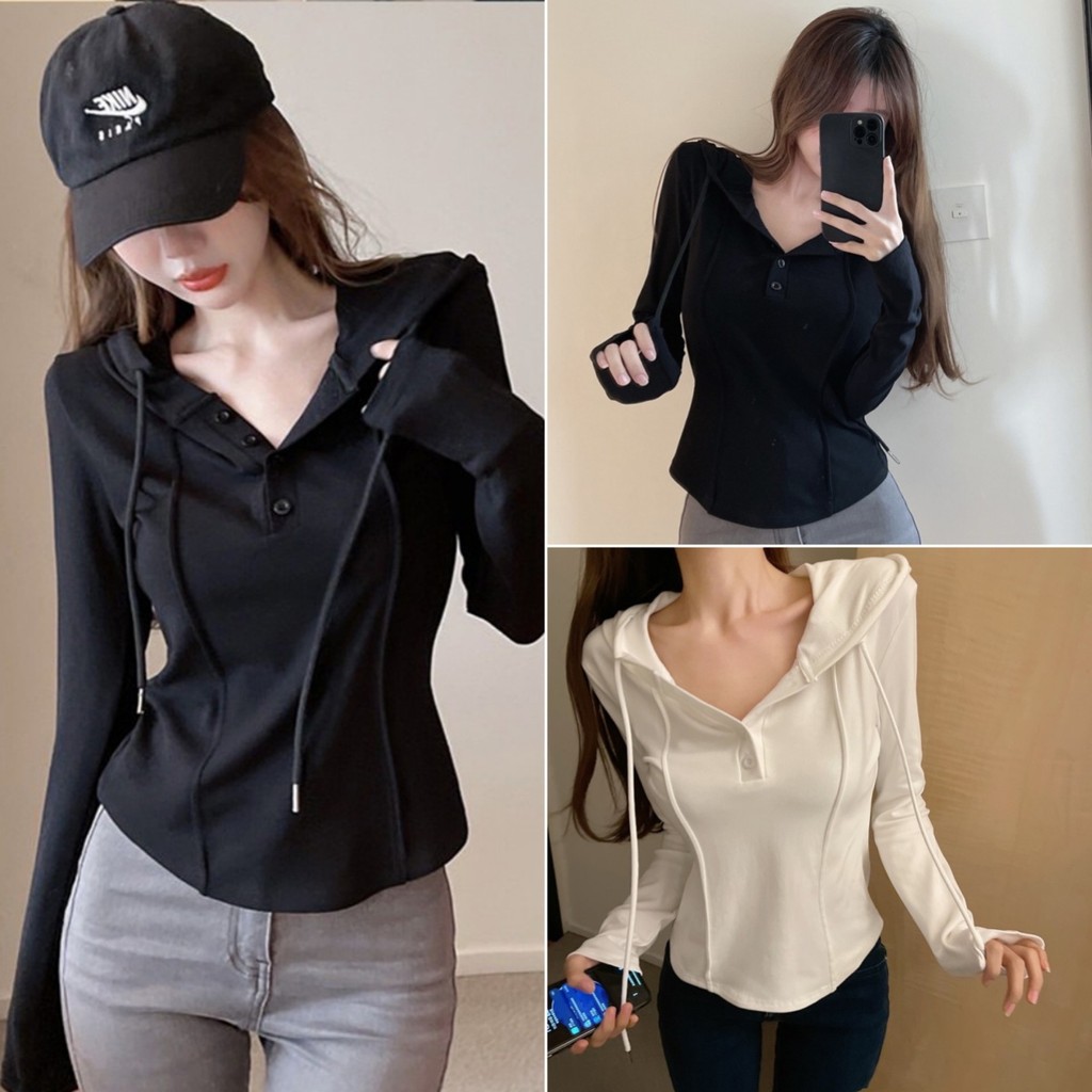 Betty house พร้อมส่ง เสื้อยืดสตรีคอวีทรงเข้ารูปมีฮู้ด แขนยาวผู้หญิงบางสบาย ๆ