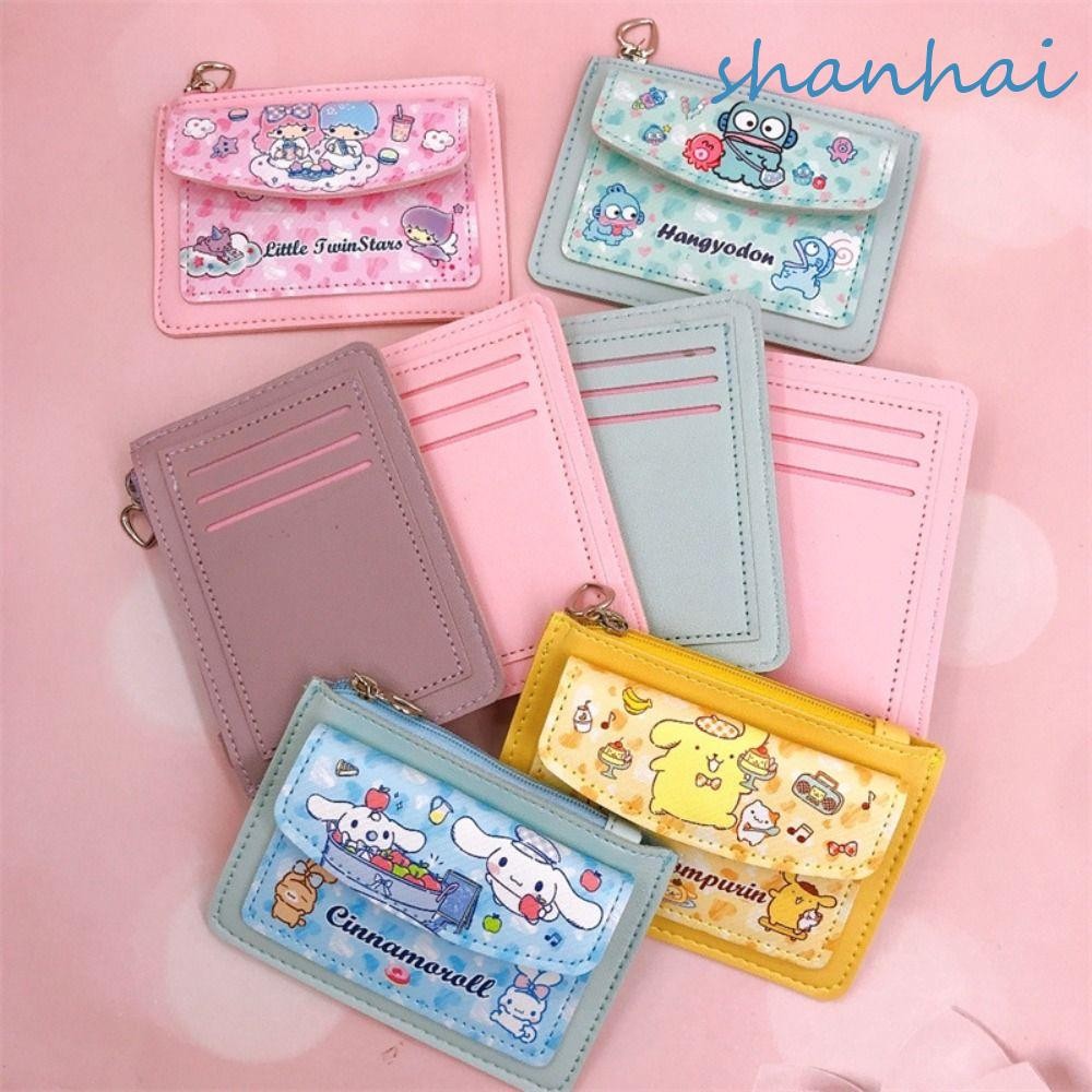 Shanhai กระเป๋าการ์ดการ์ตูน, หนัง PU KT Cat Card Holders คลัทช์, กระเป๋าการ์ดแบบพกพา Kuromi Cinnamoroll กระเป๋าสตางค์ใบสั้นนักเรียน