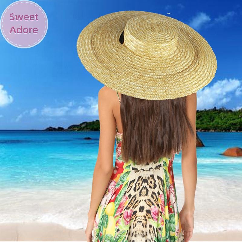SweetAdore หมวกฟางปีกกว้างสําหรับผู้หญิงริบบิ้นยาวสุภาพสตรีหมวกชายหาดฤดูร้อน Sun Visor TH